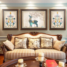 客厅装饰画沙发背景墙画美式壁画欧式挂画走廊餐厅饭厅麋鹿三联有框画福禄安康 古典红棕木框（复式装裱+高透有机玻璃） 适合双人座沙发|两侧45X60中间80X60cm