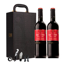 西班牙原瓶进口红酒 西莫干红葡萄酒双支皮盒礼盒装750ml*2瓶(内含四件套）
