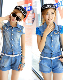 2014新款牛仔<em>连体衣</em>女装<em>夏</em>短袖连体<em>短裤</em>可拆