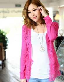 【画里画外】爆款<em>秋款</em>蕾丝长袖<em>开衫针织</em>衫 玫