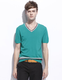 卡宾男装夏装新款 男<em>时尚</em>V领<em>薄毛衣</em> <em>男士</em>短袖