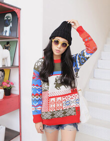 简布依 Jianbuyi 圆领长袖<em>毛衣圣诞小鹿</em>图案拼