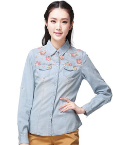 <em>真维斯 2014女装</em>全棉牛仔印花拼布长袖衬衫JW