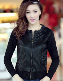 2013新款 春秋装 <em>毛线</em>拼接 PU皮衣<em>外套</em> <em>女装</em> 短