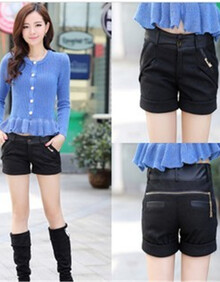 2013<em>秋冬</em>黑色韩版<em>女士</em>休闲<em>短裤</em>靴裤拼接PU皮