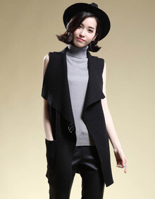 玖蔓姿 2014春秋新款女装黑色<em>无袖针织马甲</em>披