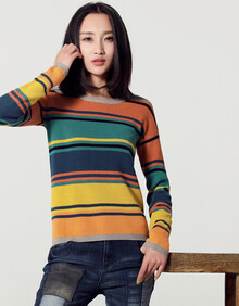 所在 <em>秋冬</em>新款打底衫 彩色条纹 间色<em>套头毛衣 女</em>