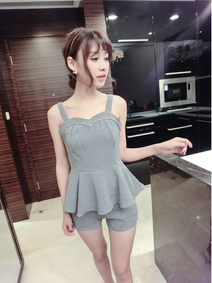 2014新款 千鸟格裙摆修身吊带<em>背心</em> <em>短裤套装</em>女