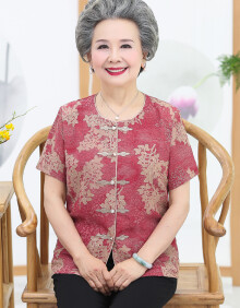 汝惜 中老年女装春夏装中袖衬衫妈妈装短袖两件套60-70-80岁奶奶装夏装套装 15红色上衣 2XL 建议105-120斤