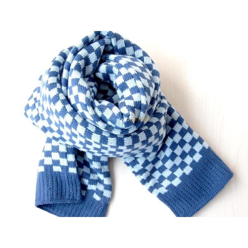埃乐菲英伦格子系列漂流针织双层蓝色小方格围巾