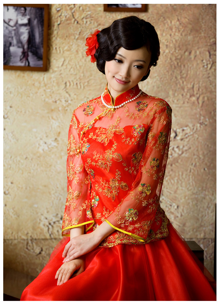 新款女结婚装婚纱礼服 蕾丝刺绣敬酒服 新娘服中式长袖连衣裙子 红色