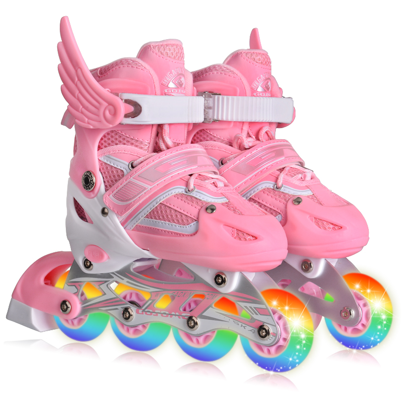 男女轮滑鞋成人滑冰鞋 可调伸缩闪光旱冰鞋 小孩直排滑轮鞋 粉色全闪