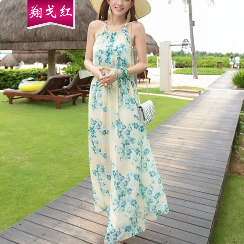 翔戈红波西米亚碎花挂脖长裙连衣裙2015海边度假大摆沙滩长裙子 粉红
