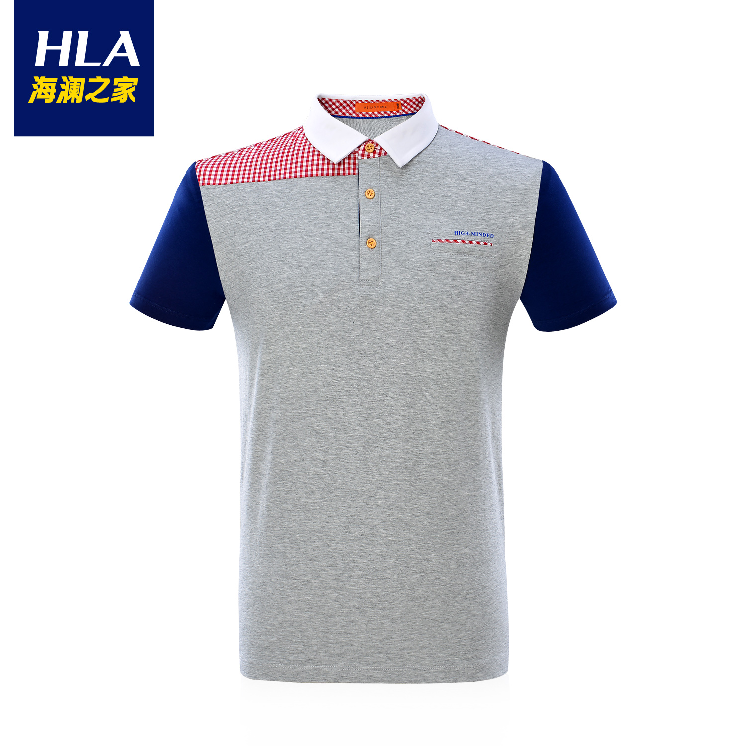 海澜之家男装 2015夏季新品 格纹拼接polo领短袖t恤hntbd2a047a 浅灰