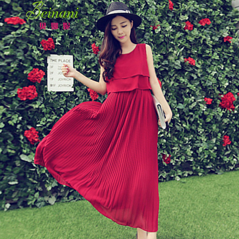 红色连衣长裙夏女神