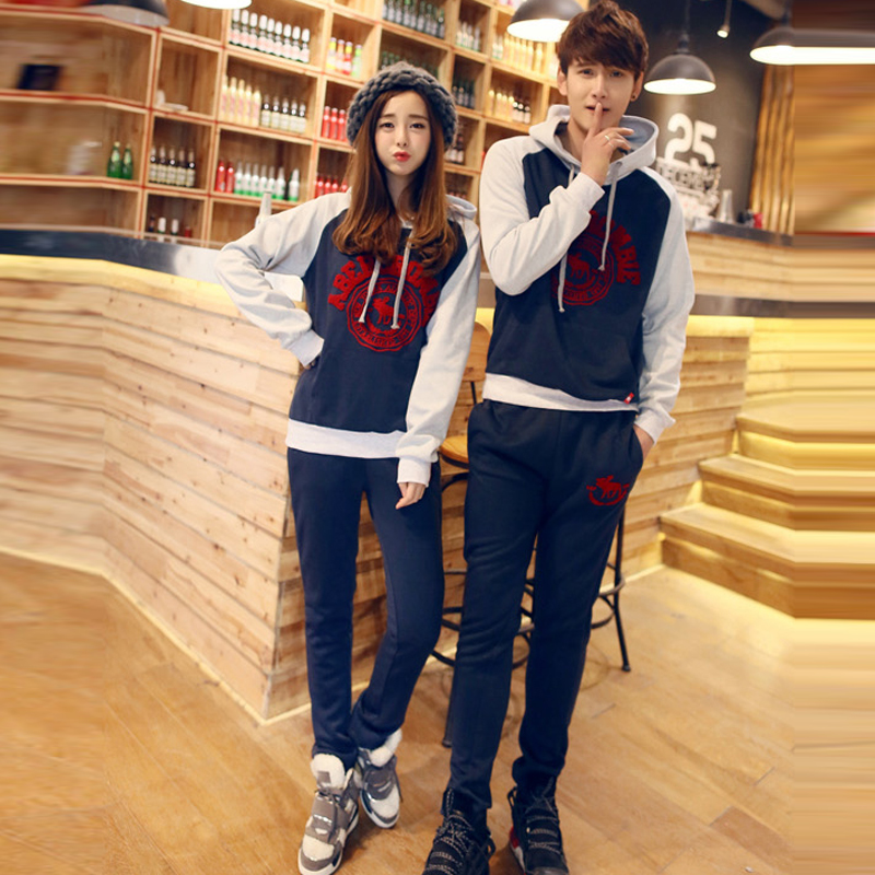 黑优2015春季新款运动休闲连帽英文印花套头情侣休闲套装男卫衣外套