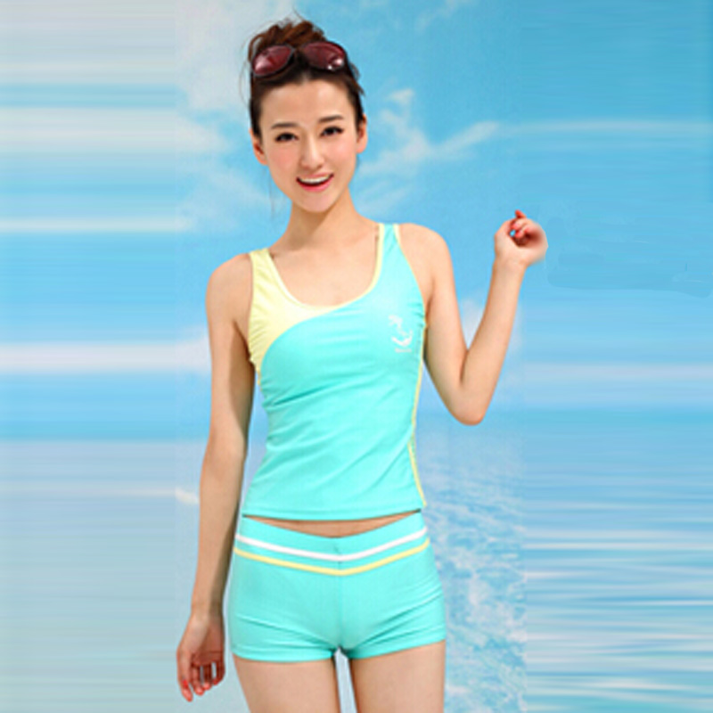 韩国泳衣女分体保守平角泳装学生显瘦遮肚小胸聚拢温泉女士游泳衣
