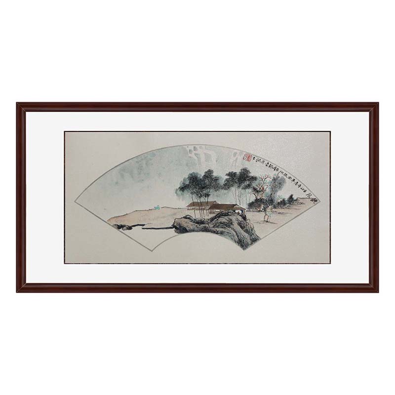 锦翰堂 客厅装饰画手绘国画字画书画有框画 山水扇形《秋泉》95*50cm