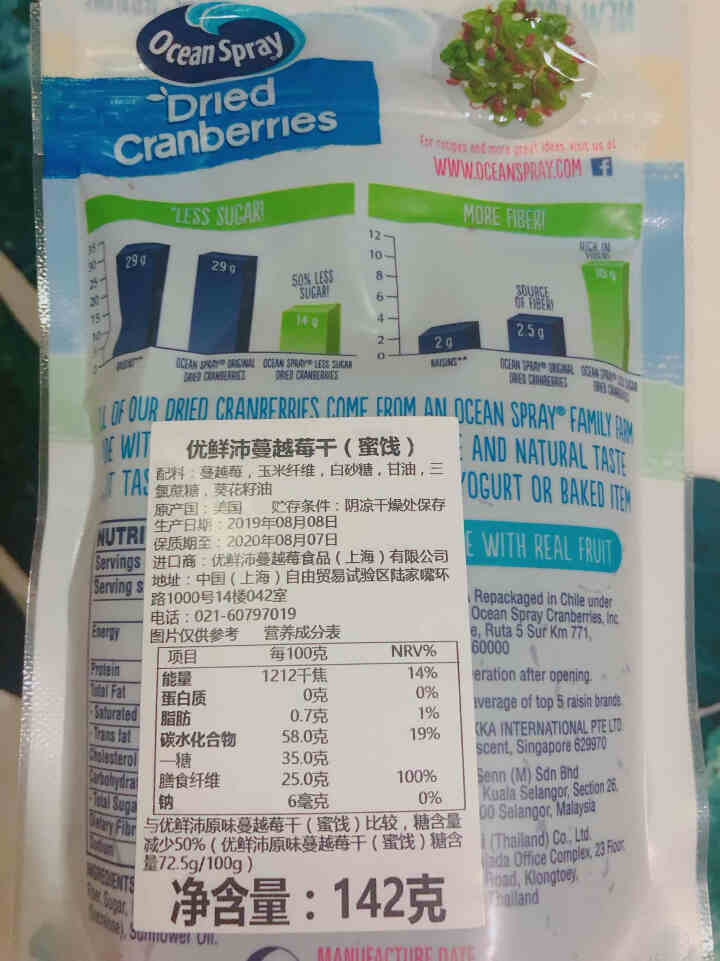 优鲜沛（Ocean Spray）美国原装进口减糖50%蔓越莓干零食果干 减糖142g （该商品8月下旬到期）怎么样，好用吗，口碑，心得，评价，试用报告,第3张