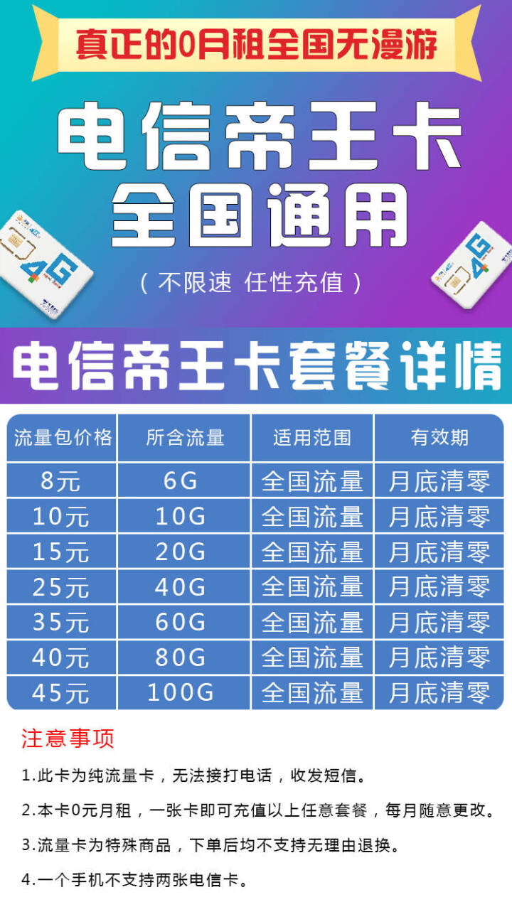 中国电信 电信流量卡4g手机卡全国通用无限流量0月租纯上网卡流量王