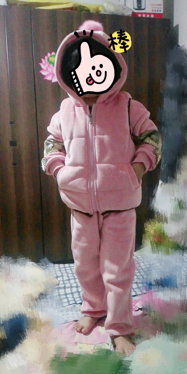 南极人女童冬装套装2018韩版中大儿童装加绒金丝绒卫衣三件套加厚潮 粉色 加绒夹棉加厚三件套 老鹰金标哈 110cm（建议身高1米，约3,第4张