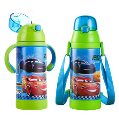 迪士尼（Disney）儿童保温杯幼儿园宝宝喝水杯子小学生男女带手柄防喷学饮杯吸管杯380ml蓝色汽车