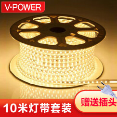 V-POWER LED灯带贴片超高亮SMD3528背景灯支架220V暗槽灯软线国标灯条 闪电发货 2835铜线(10米套装带插头) 暖白