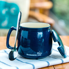 瓷魂 创意早餐陶瓷马克杯情侣咖啡杯牛奶杯带盖带勺办公杯水杯子 蓝色巴黎