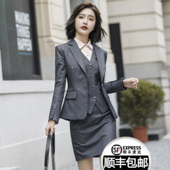 慕淘 2020春秋新款职业套装女白领套装套裙工装制服气质珠宝店美容院酒店工作服收腰条纹西修身时尚 灰色条纹西装+西裤=两件套 XXXL