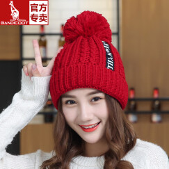 袋鼠 毛线帽子女冬季新款甜美可爱保暖围巾两件套装针织加绒加厚时尚韩 单帽   酒红色