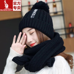 毛线帽子女冬季新款甜美可爱保暖围巾套装针织加绒时尚 黑色   帽子围巾套装