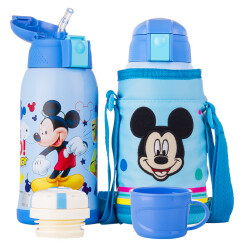 迪士尼（Disney）儿童保温杯带吸管男女学生水杯子304不锈钢水杯蓝色米奇600ml双盖刺绣杯套