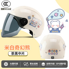 Andes HELMET 3c认证电动自行车头盔男女士夏季防雨轻便半覆式安全帽通用半盔遮阳帽 白奇幻熊【3c无镜】馈茶色中 均码