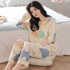 集倩（JIQIAN）睡衣女秋季长袖纯棉休闲韩版可爱减龄可外穿家居服套装 T5352 L(100-120斤)