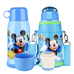 迪士尼（Disney）儿童保温杯带吸管不锈钢水杯男女学生双盖杯子水杯套 550ML 6002M 米奇蓝色