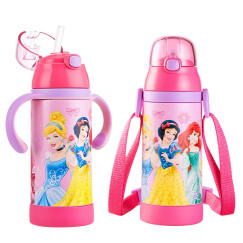 迪士尼（Disney）儿童保温杯幼儿园宝宝喝水杯子小学生男女带手柄防喷学饮杯吸管杯380ml粉色公主