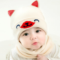 婴儿帽子男女新生儿宝宝套头帽围脖套装6-12-24个月婴儿保暖毛线帽子 笑脸小狗米色(帽子+围脖) 3-24个月