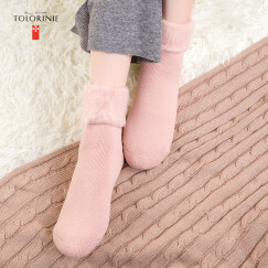 TOLORINIE 加厚加绒色纺拉毛保暖女袜地板袜月子 毛线毛袜睡眠袜子K2187 粉红+粉蓝 22-24
