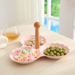 乐享 创意陶瓷水果盘干果盘糖果盘三格零食点心盘 粉色