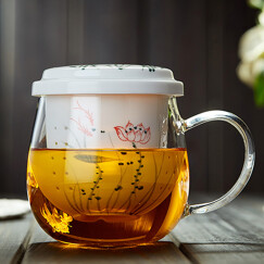 美斯尼 玻璃茶杯茶水分离水杯陶瓷过滤内胆办公室茶杯茶具高硼硅泡茶杯 绿荷（380毫升）
