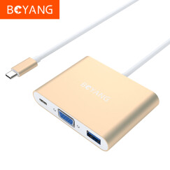 博扬BOYANG BY-07Z0401 Type-C转VGA+USB3.0转换器苹果MacBook集分线器USB-C可充电适配器连接线 金色