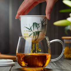 美斯尼 玻璃茶杯茶水分离水杯陶瓷过滤内胆办公室茶杯茶具高硼硅泡茶杯 竹格（380毫升）