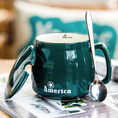 瓷魂早餐陶瓷马克杯情侣咖啡杯牛奶杯带盖带勺办公杯水杯子绿色美利坚