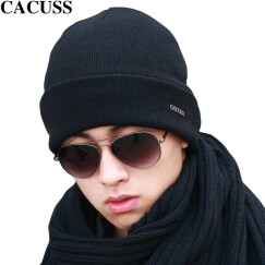 CACUSS羊毛毛线帽子男士双层加绒加厚保暖护耳帽翻边冬季针织帽子Z0079 黑色