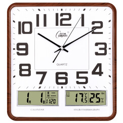 康巴丝（Compas）挂钟客厅 万年历温湿度时钟 简约方形日历石英钟表挂墙C2983 咖木