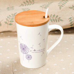 莲泽 陶瓷咖啡杯子马克杯情侣杯创意早餐杯子办公水杯带盖带勺子 亚光紫配木盖瓷勺