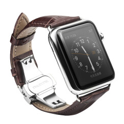 洽利 进口真皮智能手表iwatch5/2/3/4表带 适用于Apple watch/苹果手表 42/44mm深棕色带不锈钢连接器+蝴蝶扣