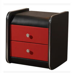 初屋 床头柜卧室现代简约床边小型收纳柜双抽屉储物轻奢置物 皮床边柜 黑+红色