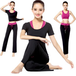 范迪慕  瑜伽服女春夏季莫代尔长袖修身健身服三件套舞蹈服 黑配紫红色-短袖三件套 M