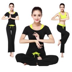 范迪慕  瑜伽服女春夏季莫代尔长袖修身健身服三件套舞蹈服 黑配荧光绿-短袖三件套 L